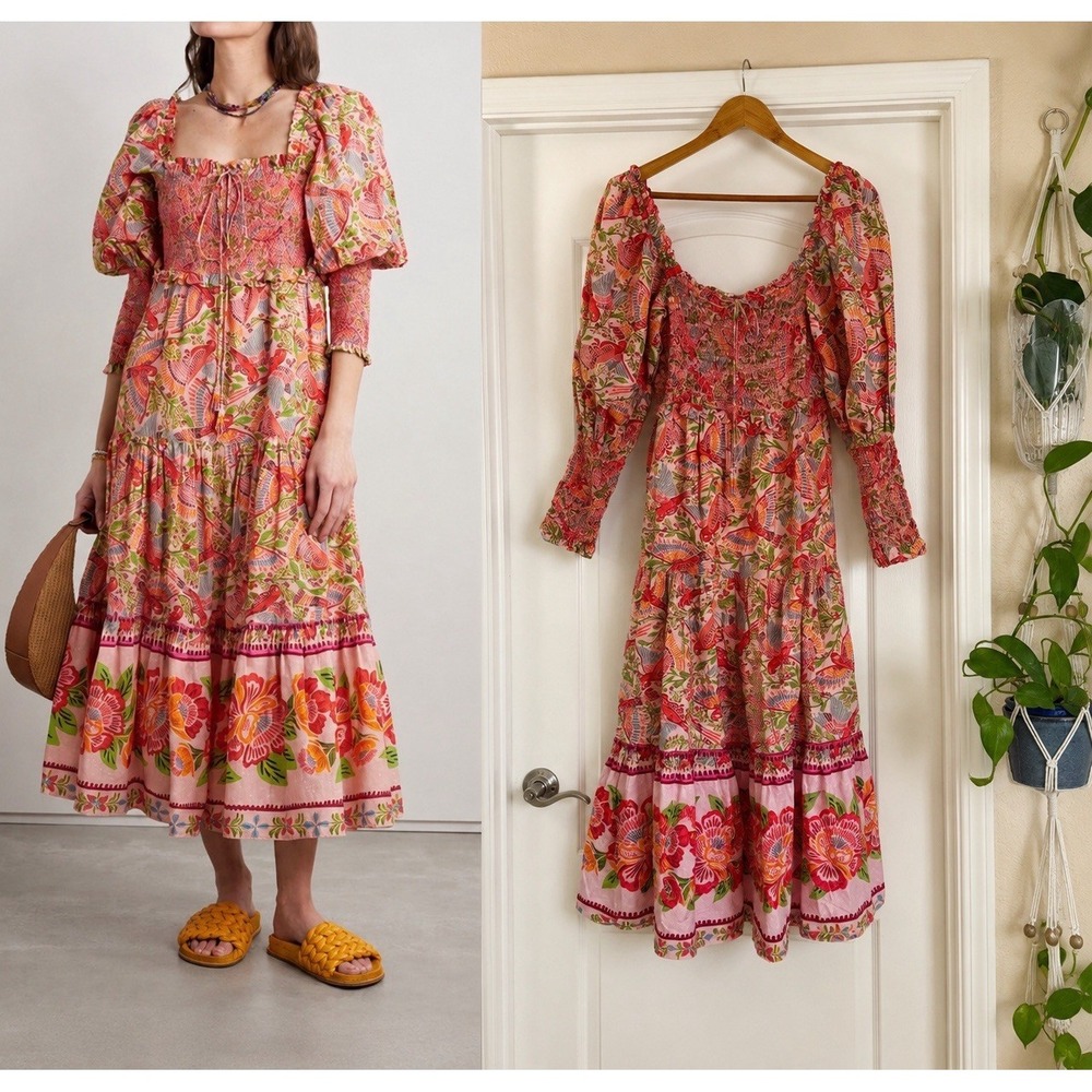FARM RIO Macaw Flight Smocked Cotton Maxi Dress Pink Bird Floral Small